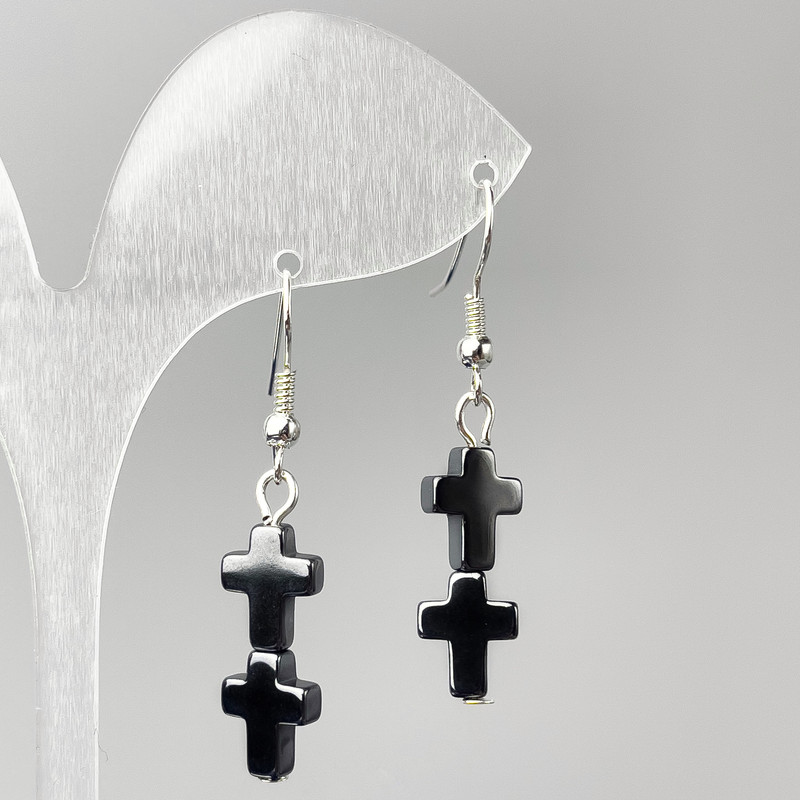 Earrings 'Hematite Cross', 8 mm diameter, 5×22 mm, length 44 mm