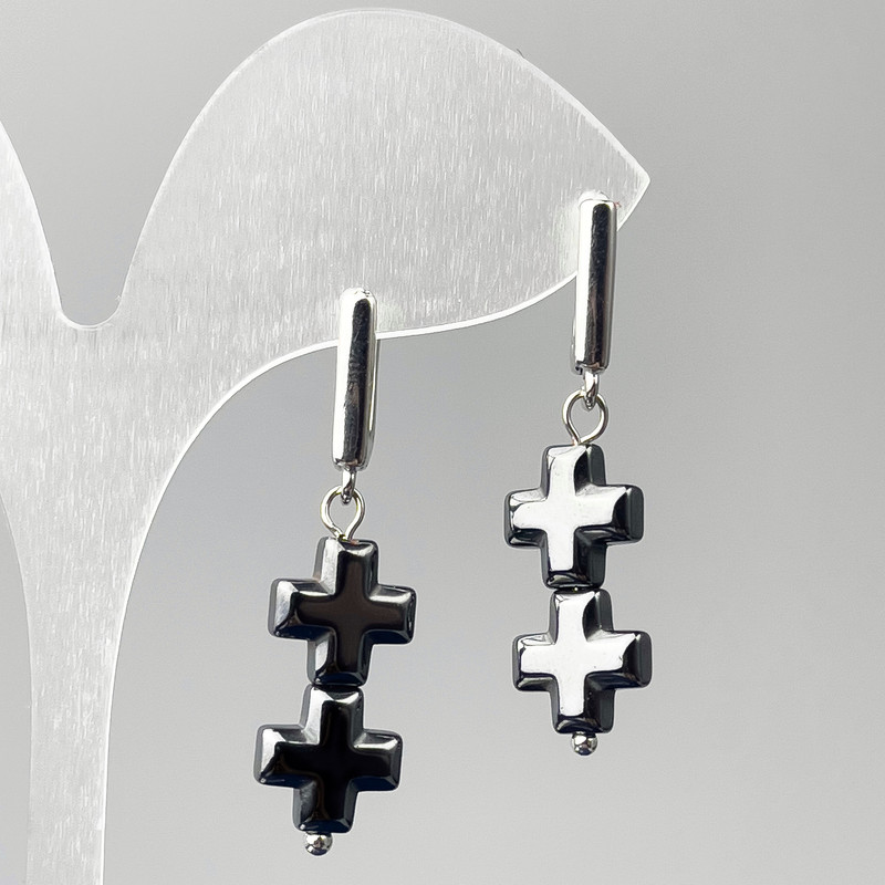 Hematite Cross Earrings, diameter 10×21 mm, length 38 mm