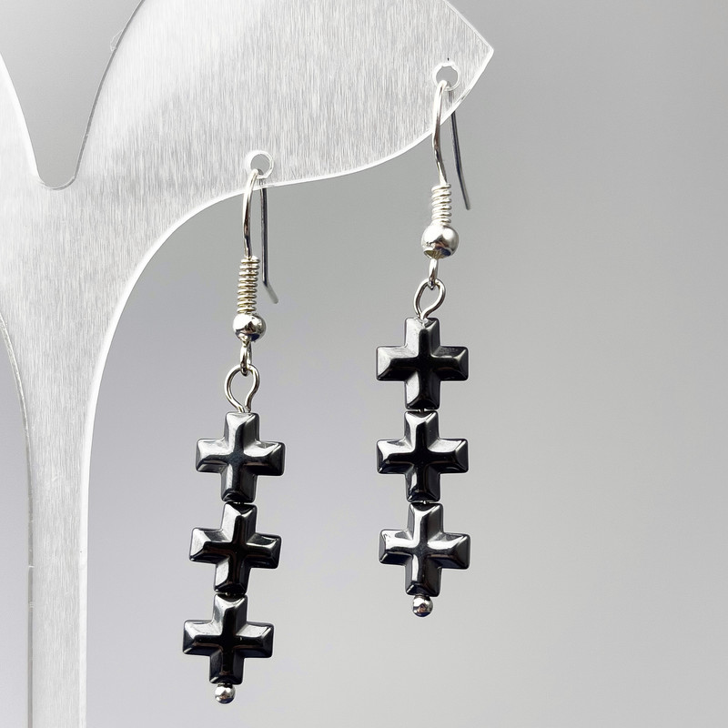 Earrings 'Hematite Crosses', diameter 8×26 mm, length 45 mm