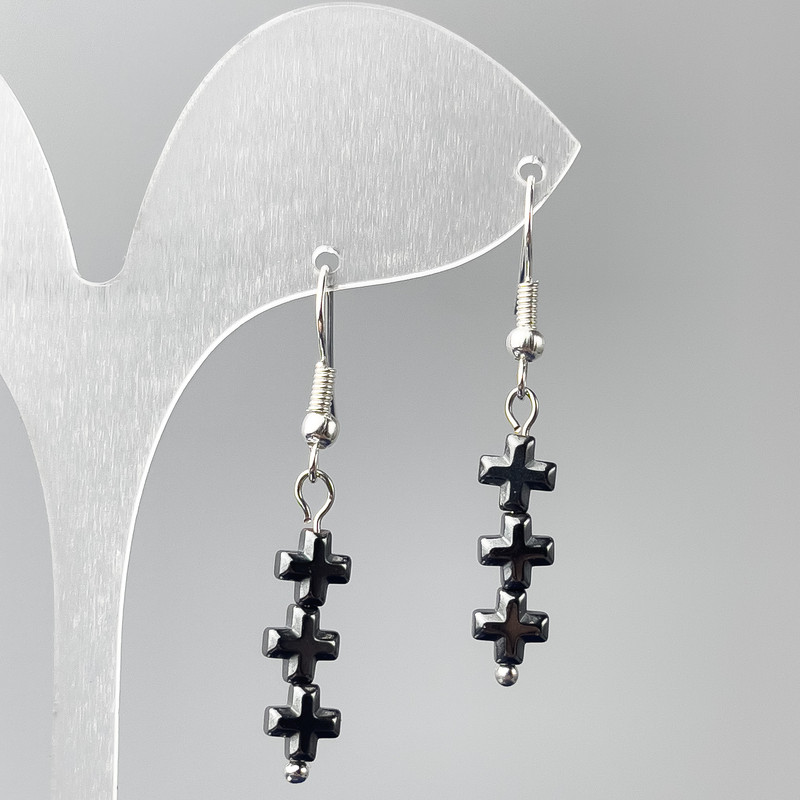 Hematite Cross Earrings, 6×20 mm, overall length 41 mm