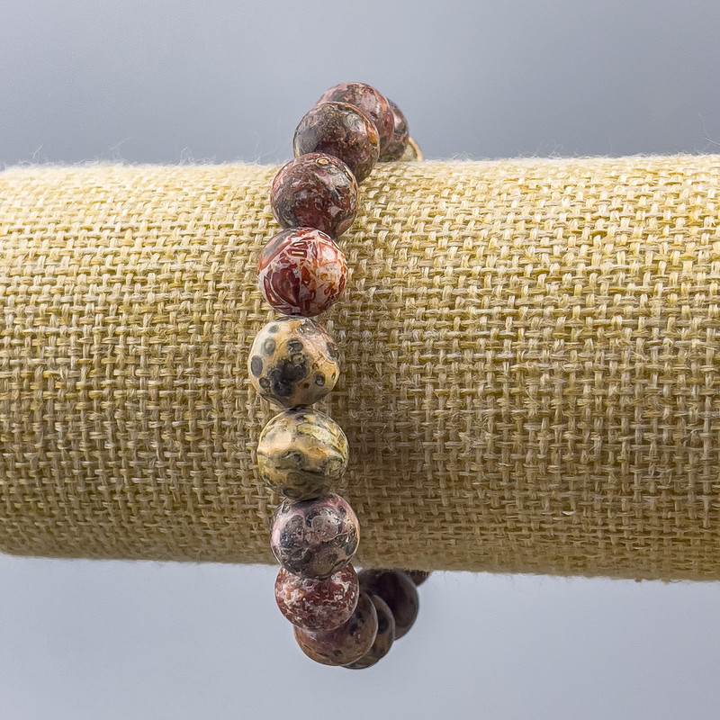 Bracelet with Leopard Jasper, Acrylic 10mm Beads, Smooth Round Beads, 18 cm (Stretch)