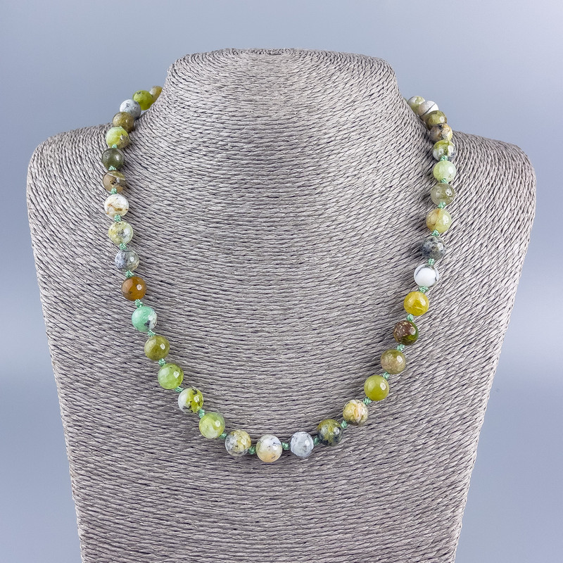 Natural Stone Necklace Green Opal, Smooth Bead, 8.5 mm Diameter, 50 cm Length +