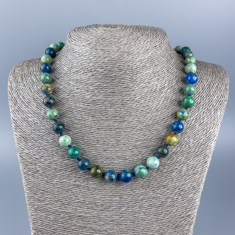 Natural stone necklace Chrysocolla and Lapis Lazuli, smooth beads, 10 mm diameter ±, length 48 cm ±