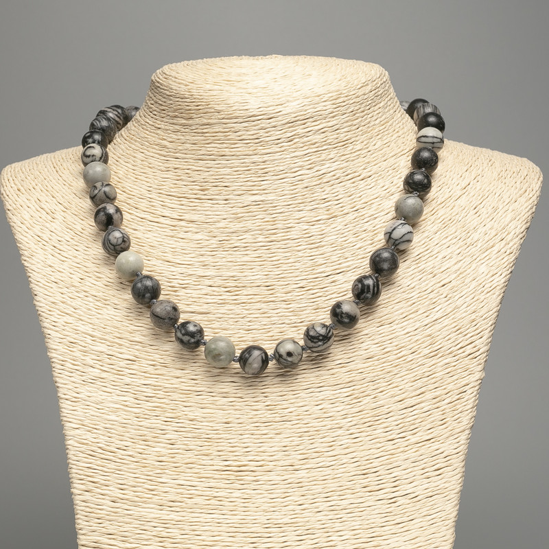 Necklace Grey Picasso Jasper Acrylic, Smooth Beads 10mm, Length 48 cm +/-
