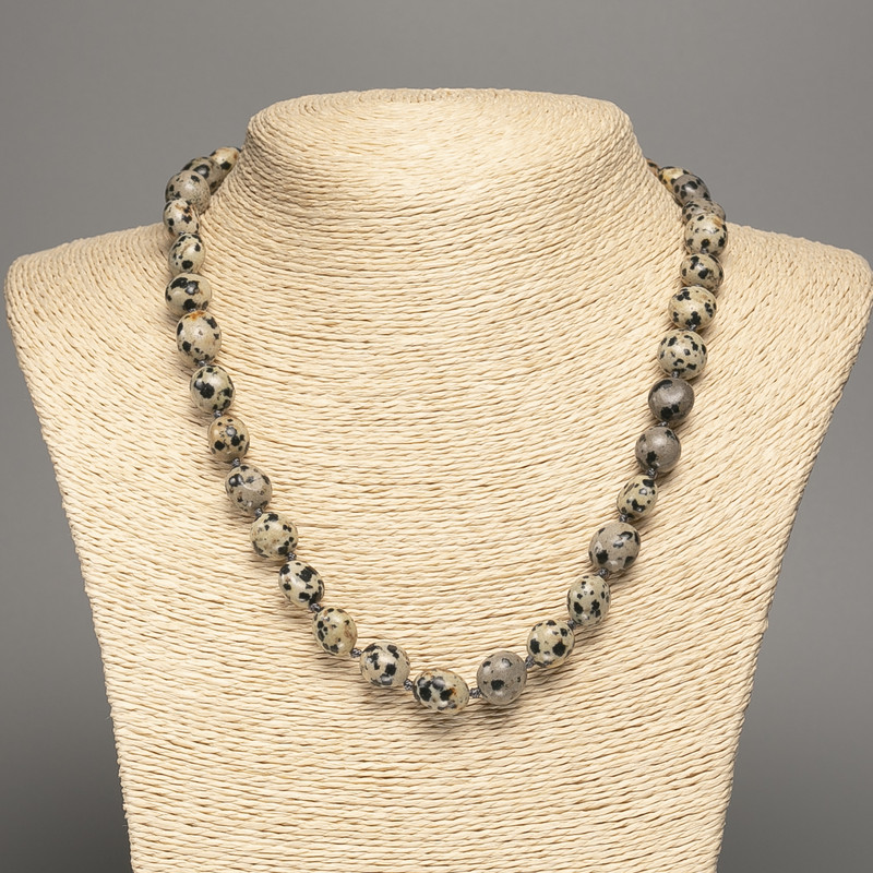 Dalmatian Jasper Necklace, natural stone, round faceting, diameter 10x11 mm, length 48 cm +