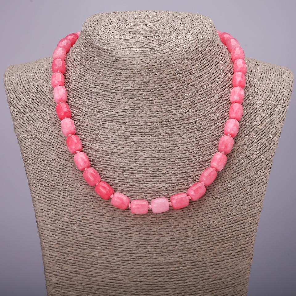 Necklace made of synthetic rhodonite, barrel-shaped beads, 9×11 mm, length 45 cm