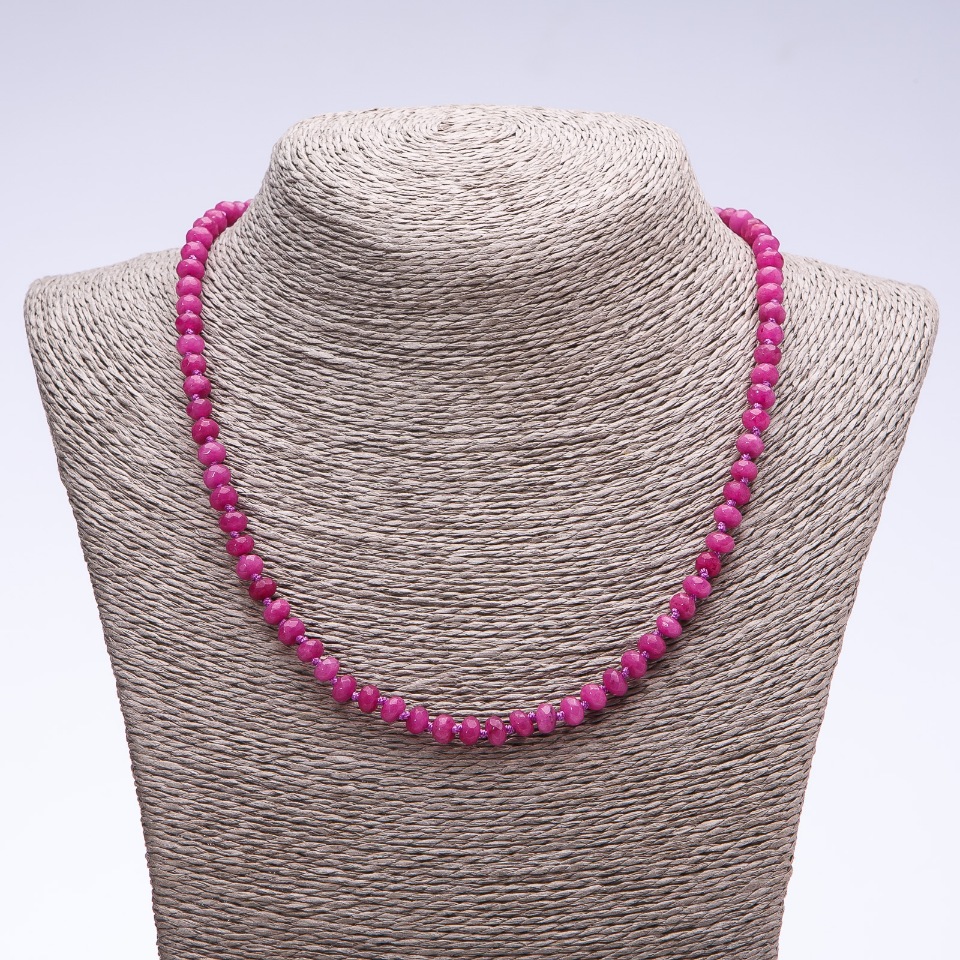 Necklace with synthetic dark pink tourmaline, faceted rondelles, 6x4 mm, 50 cm long