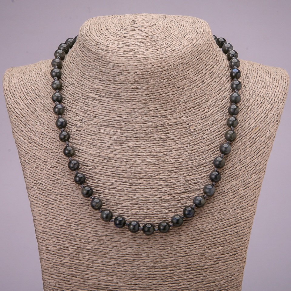 Labradorite natural stone necklace with smooth beads, 8 mm diameter, 45 cm length