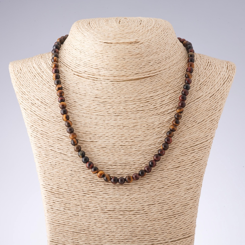 Necklace of Tiger's Eye, Bull's Eye, and Hawk's Eye with smooth beads, 6 mm diameter, 45 cm length