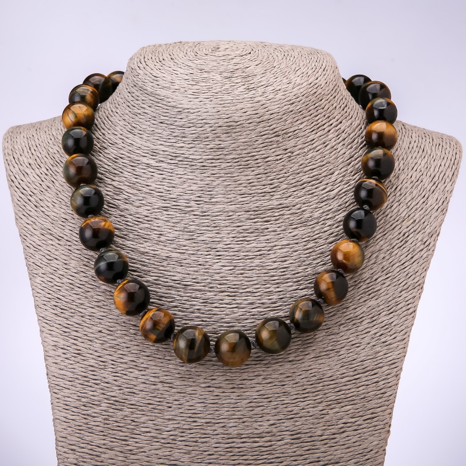 Hawk's Eye Necklace with a Smooth Bead, 14 mm Diameter, 48 cm Length