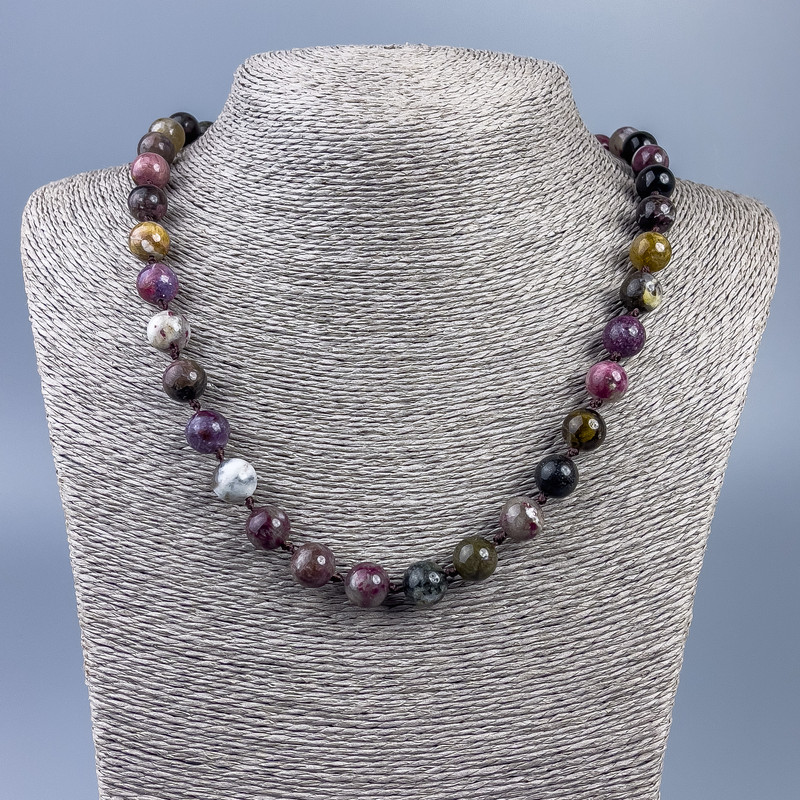 Natural Tourmaline Necklace with Smooth 10 mm Beads, 52 cm Length +-