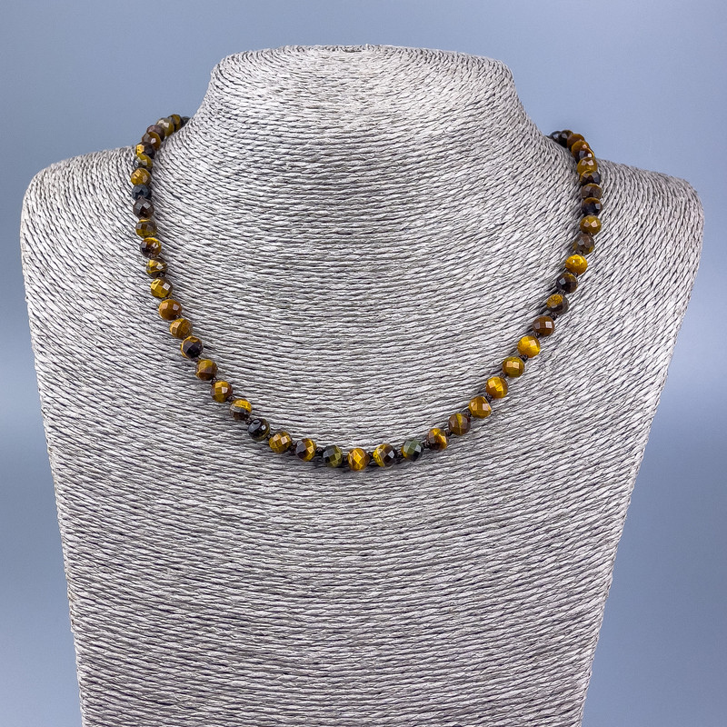 Tiger's Eye Natural Stone Necklace, Faceted Beads, 6 mm Diameter, 50 cm Length