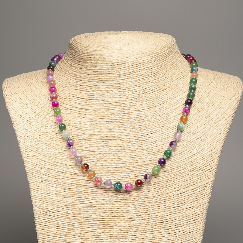 Multicolor agate necklace with smooth round beads, 6mm diameter, 47 cm length +