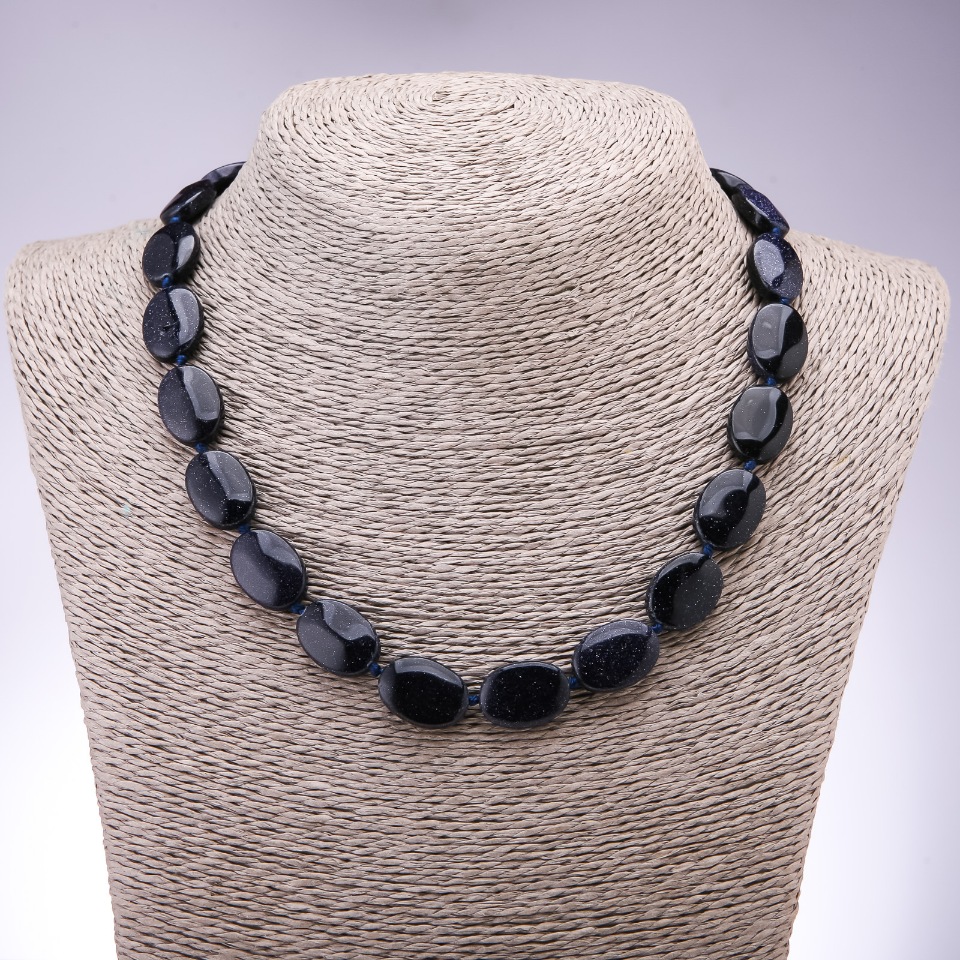 Necklace with Aventurine Stone (synthetic) 'Blue Sand' Cairo Night, Flat Oval, 13×18 mm, length 45 cm