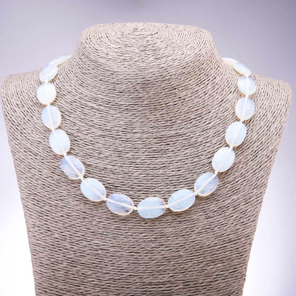 Necklace of Moonstone Opalite (synthetic) Flat Oval Beads, 13×18 mm, length 45 cm