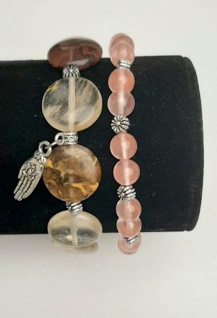 Set of Chalcedony Bracelets, 6.5 mm smooth beads, 15 mm circle diameter, with silver inserts on elastic, length 18 cm+