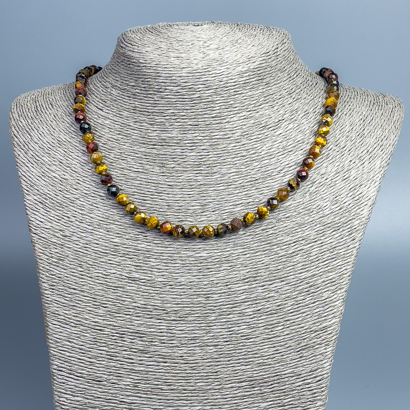 Necklace of Tiger's Eye, Bull's Eye, Hawk's Eye faceted bead, 6mm diameter, 46cm length +