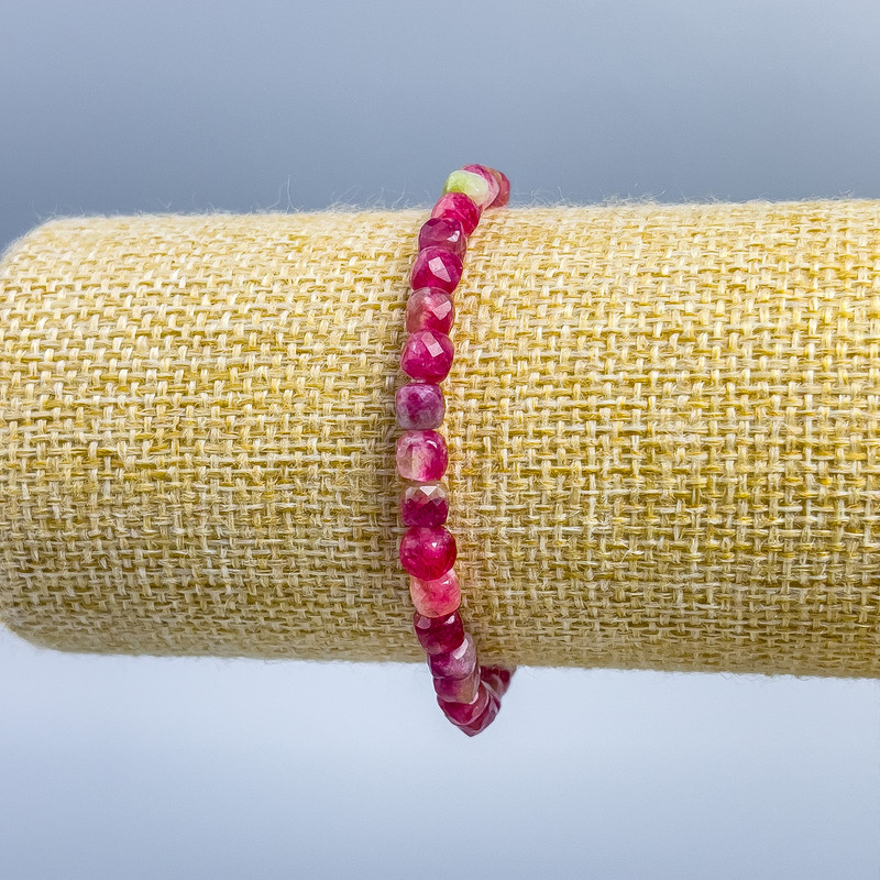 Polychrome Tourmaline Bracelet with Natural Stone, Faceted Cubes, 5x5 mm, 18 cm (stretch)