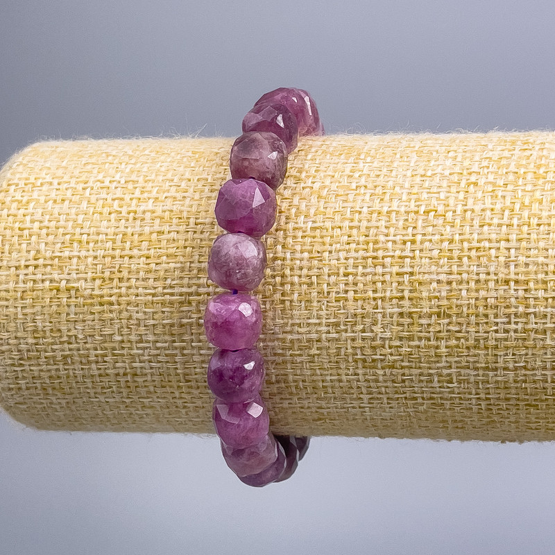 Bracelet with Rubellite Tourmaline, natural stone, faceted cube, 9x9 mm diameter, 18 cm length (stretch)