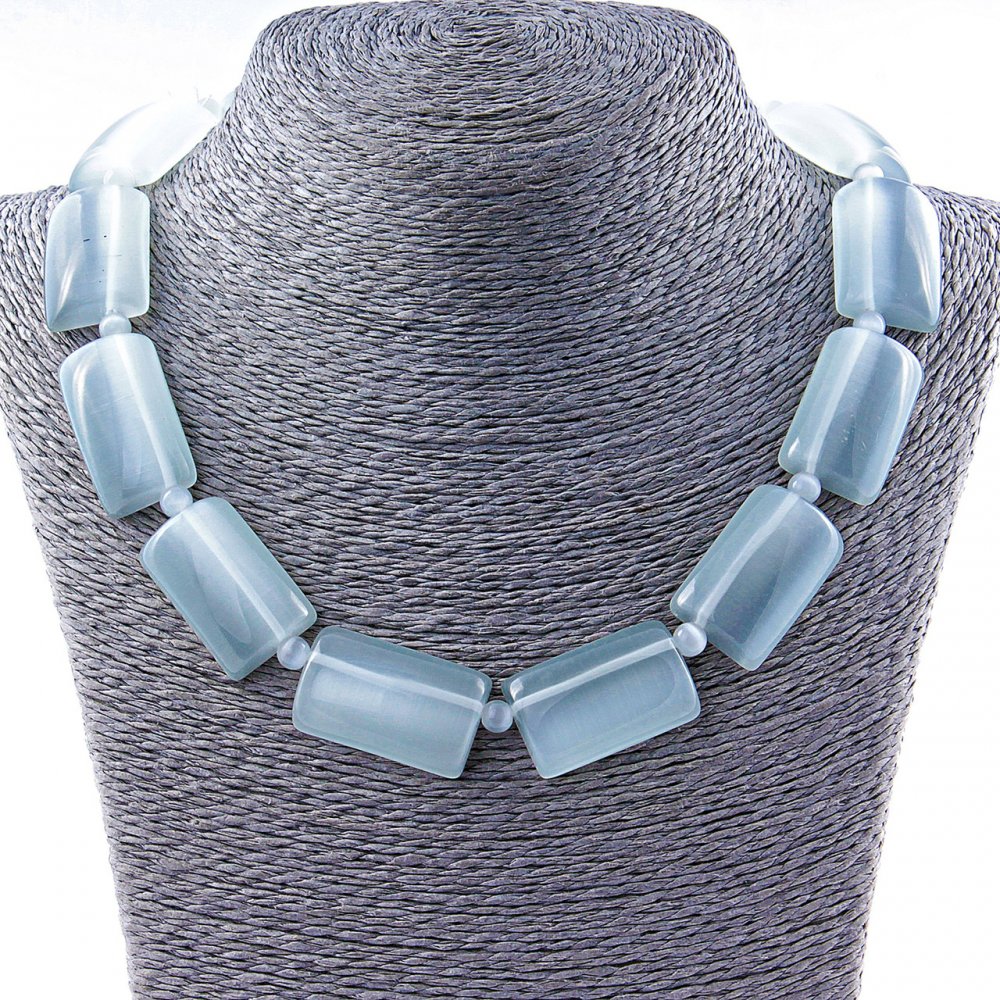 Cat's Eye Necklace, Rectangular 33×20 mm with Gray Separator Beads, 50 cm