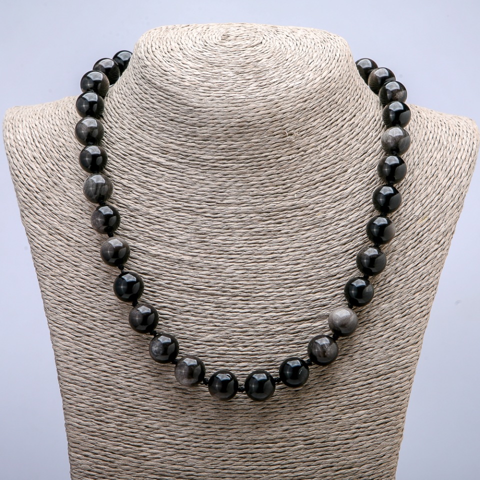 Necklace with natural stone Silver Obsidian, smooth beads, 12 mm diameter, 45 cm length