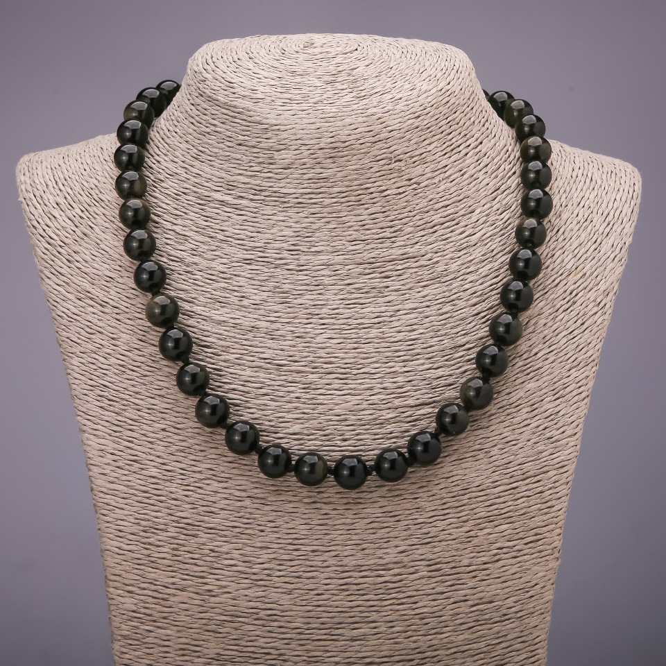 Sun Obsidian Necklace with Smooth Beads, 8mm Diameter, 48 cm Length