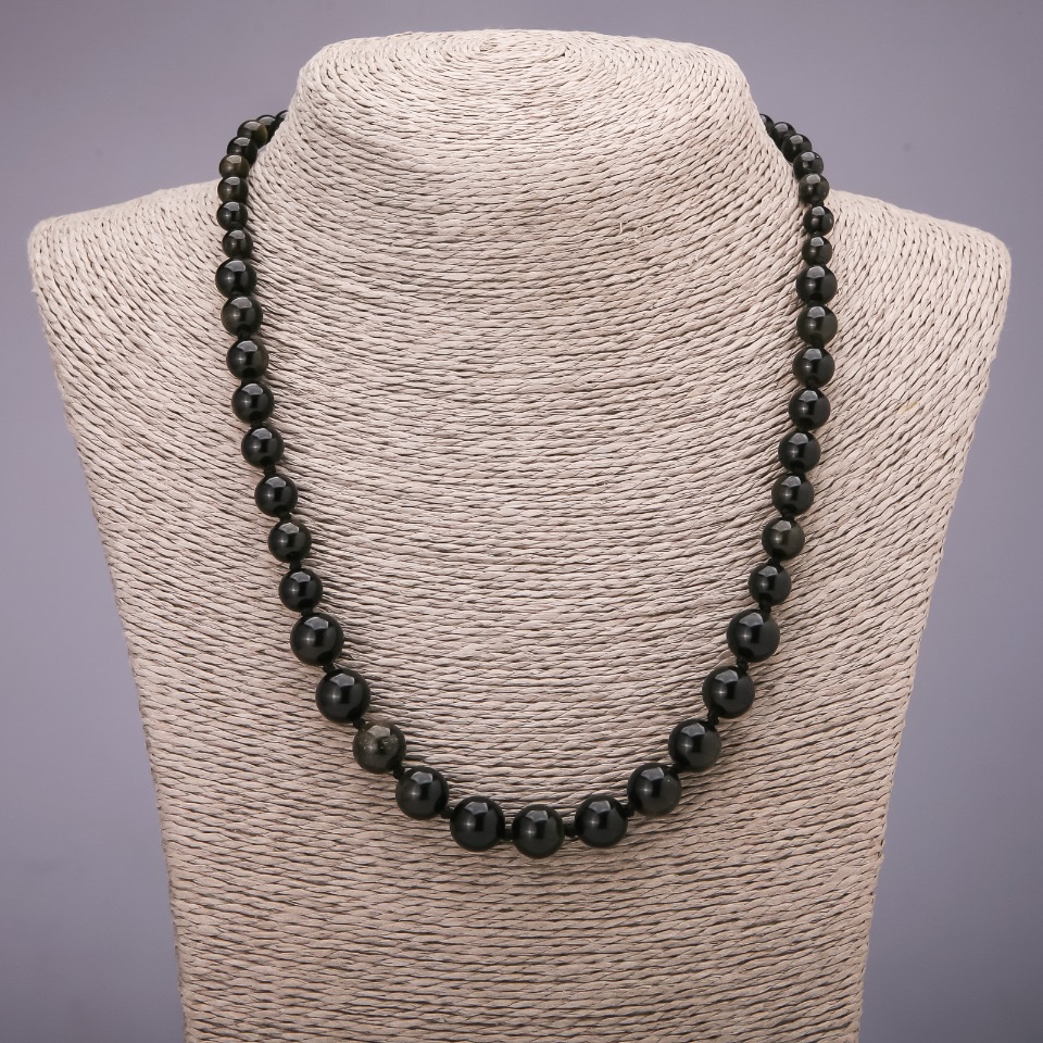 Beaded Necklace of Natural Sun Obsidian with Graduated Smooth Beads, 6–10 mm Diameter, 50 cm Length