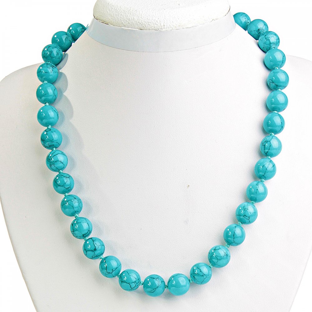 Blue Turquoise Bead Necklace with Veining, 12mm Beads, 50 cm Long