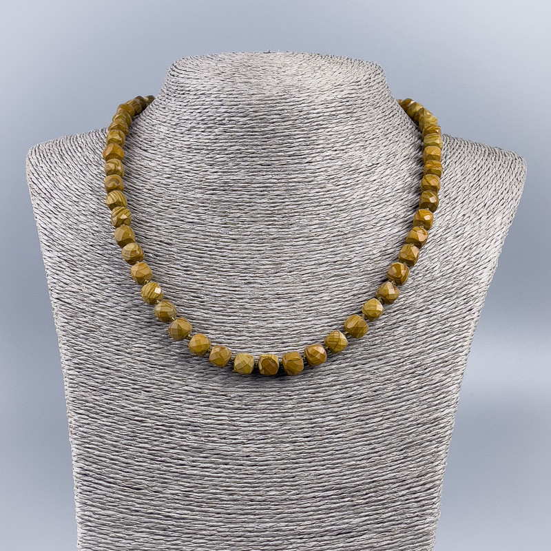 Landscape Jasper Necklace, Faceted Cube Beads, Natural Stone, 7 mm Diameter, 48 cm Length