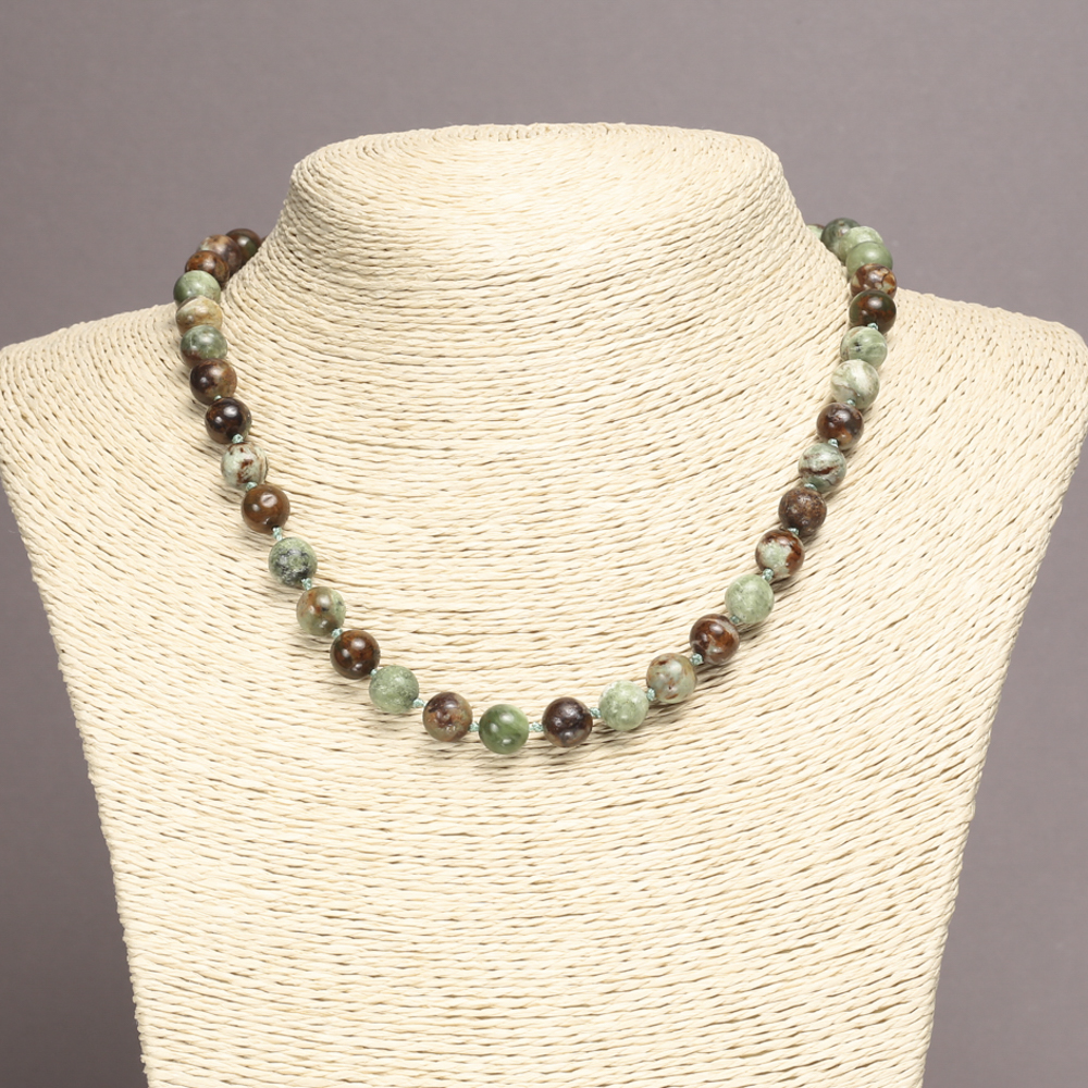 Natural Stone Necklace with Green Jasper, Smooth Bead, 8 mm Diameter, 45 cm Length