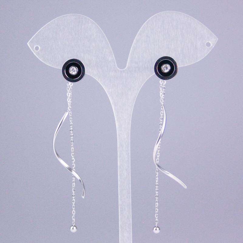 Xuping Rhodium Stud Earrings with Black Enamel Circle, about 10 mm in diameter, with white stones and chains, length about 7 cm