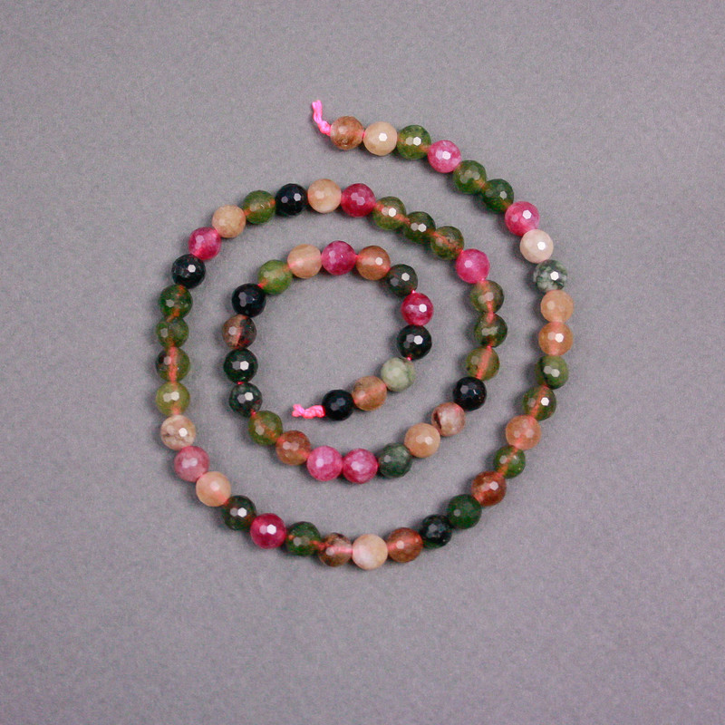 Tourmaline Beads on Thread, Faceted Ball, 6mm Diameter, Length about 39 cm