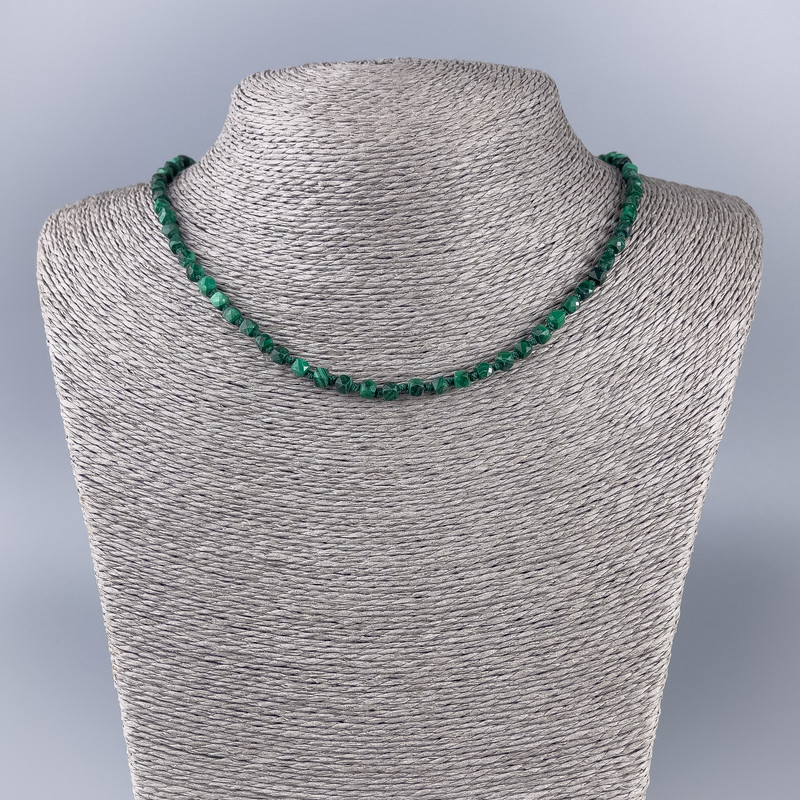 Malachite necklace, natural stone, faceted cube, diameter 4x4mm+-, length 50cm+