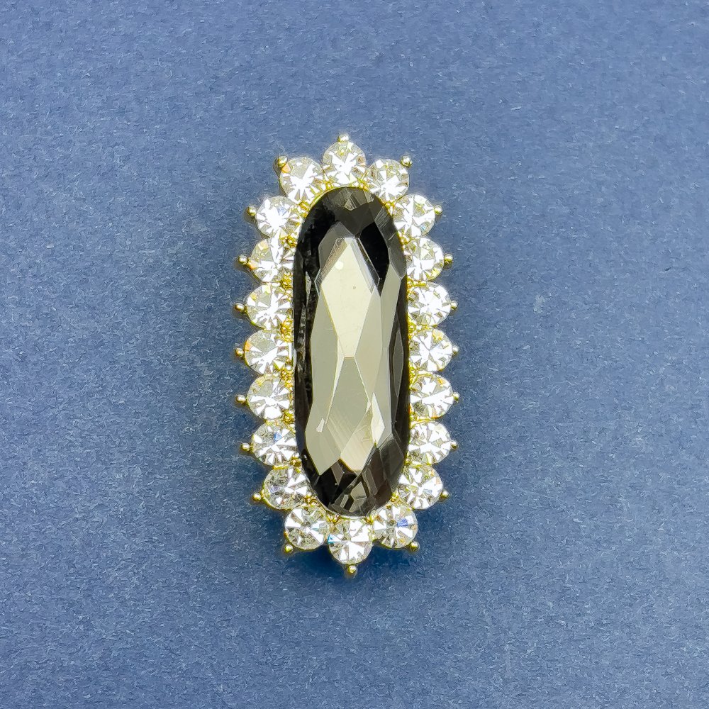 Brooch Accent with Gray Crystal and White Rhinestones, Gold-Toned Metal, 36×18 mm +