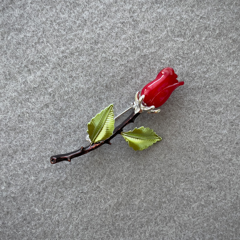 Brooch Red Rose with Enamel, Silver-Tone Metal 60×26 mm+