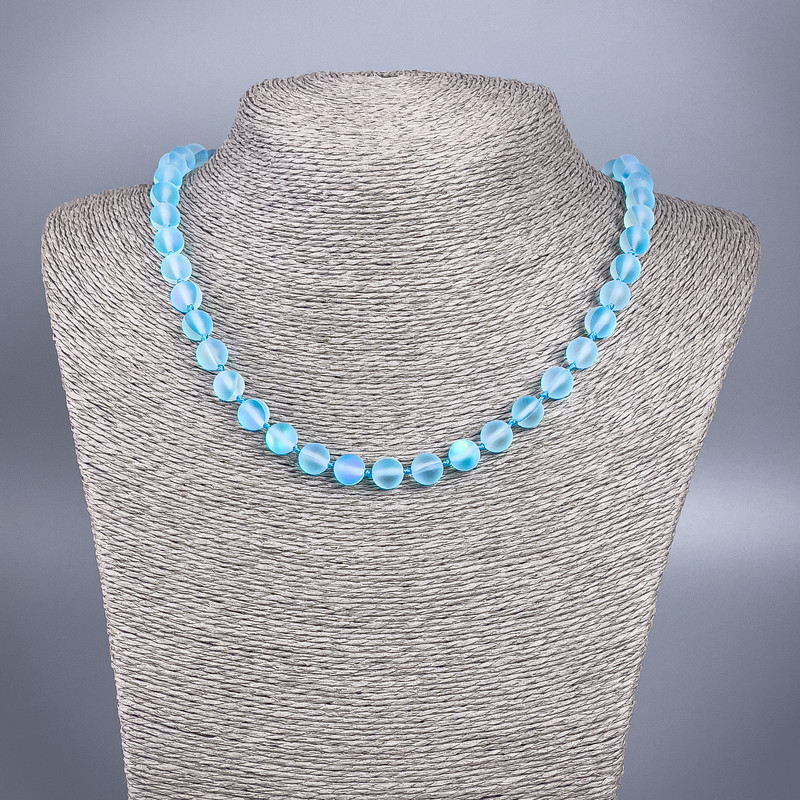 Opal glass necklace, blue matte chameleon, smooth bead, 8 mm diameter, 49 cm length