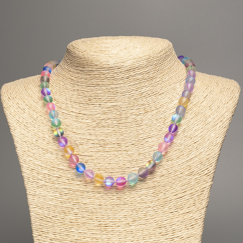 Beaded necklace with opal glass, multicolored matte chameleon, smooth beads, 8mm diameter, 49cm length