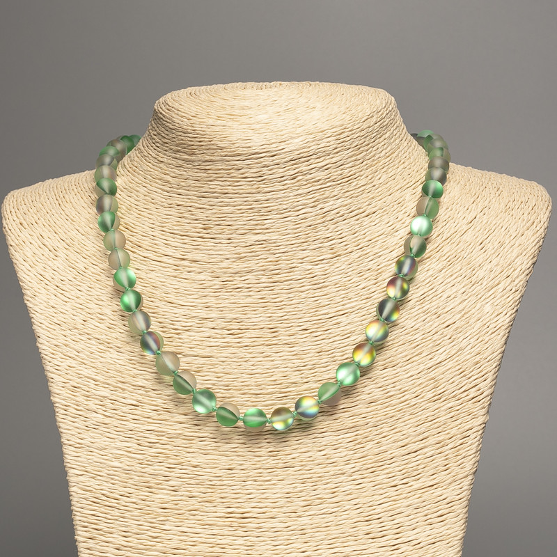 Opal glass necklace in green matte chameleon shade, smooth beads, 8 mm diameter, 49 cm length