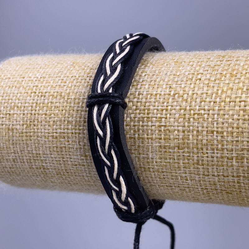 Bracelet, 18–25 cm length, 12 mm thick, eco-leather, black with white, adjustable closure