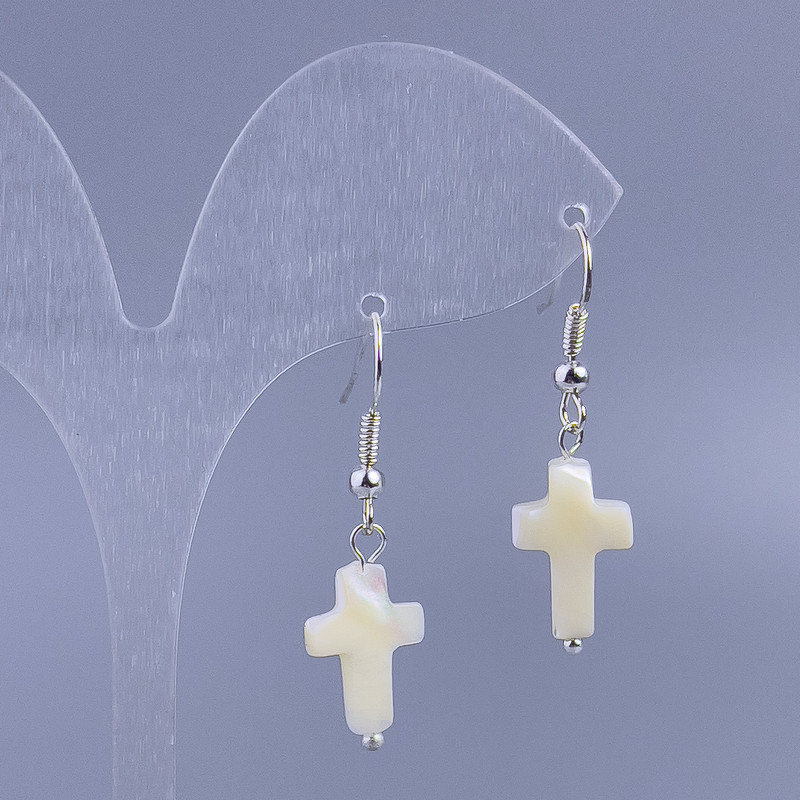 White mother-of-pearl cross earrings, 10×15 mm diameter, 36 mm long