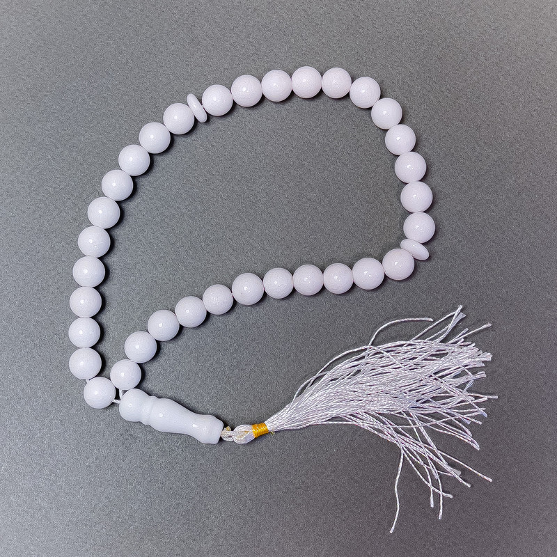 White Agate Prayer Beads (Pressed) Smooth Beads, 10 mm Diameter, 33 Beads, with Agate Inlays