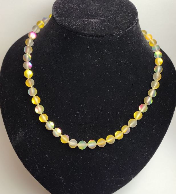 Opal Glass Necklace Yellow Matte Chameleon Smooth Bead, Diameter 8 mm, Length 49 cm