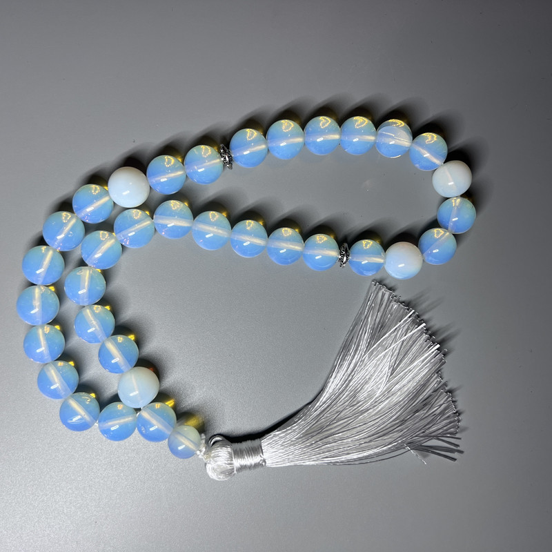 Moonstone prayer beads with smooth round beads, 12 mm diameter, 33 beads, with metal inlays