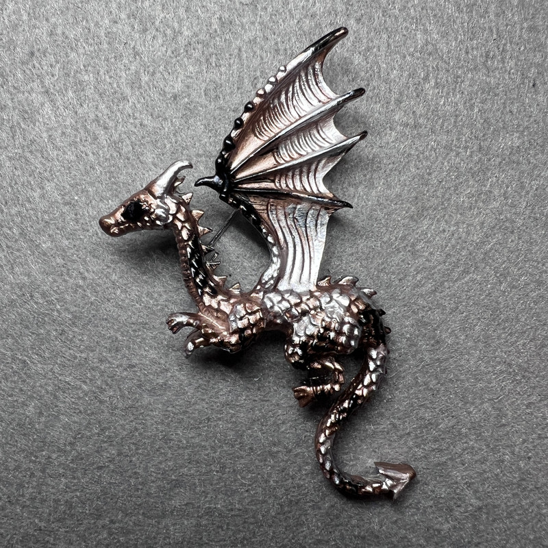 Dragon Brooch matte bronze and black enamel, silver-toned metal 42x66 mm