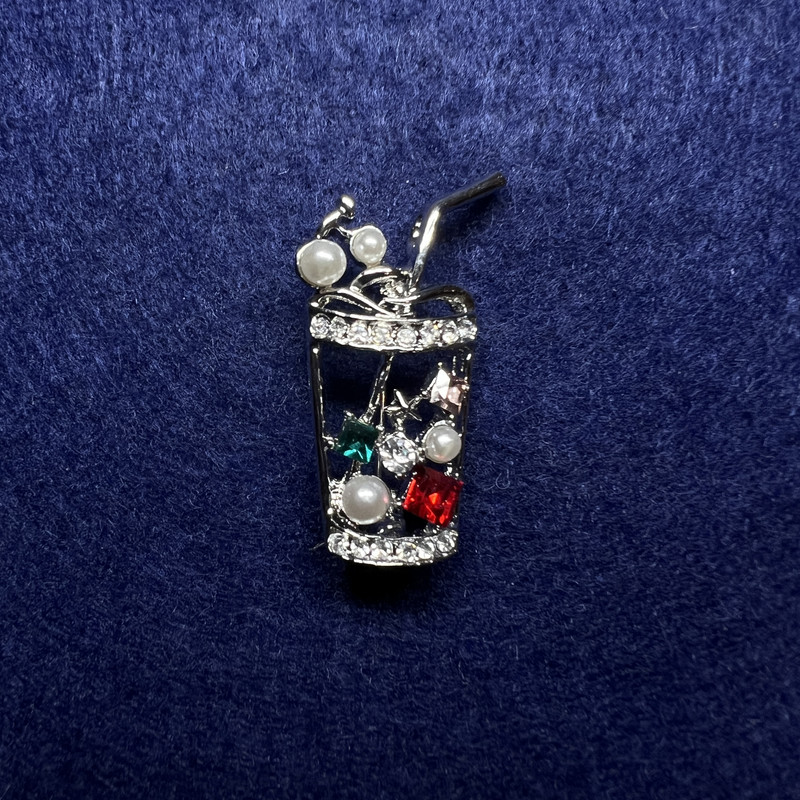 Brooch Cocktail with Multicolored Rhinestones and Beads, Silver-Tone Metal 15x35mm