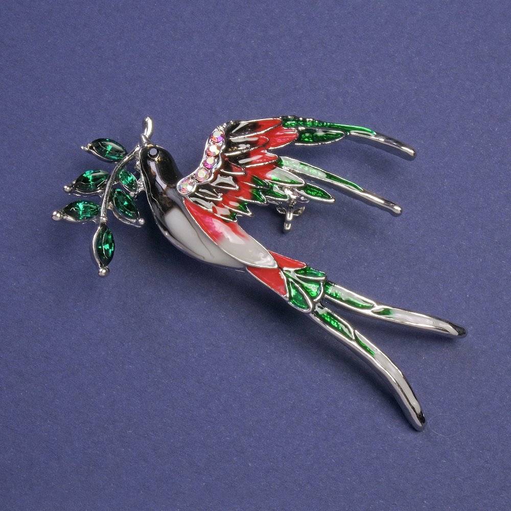 Brooch 'Swallow with Sprig' red and green enamel, green crystals, pink rhinestones, gold-tone metal 62×48 mm