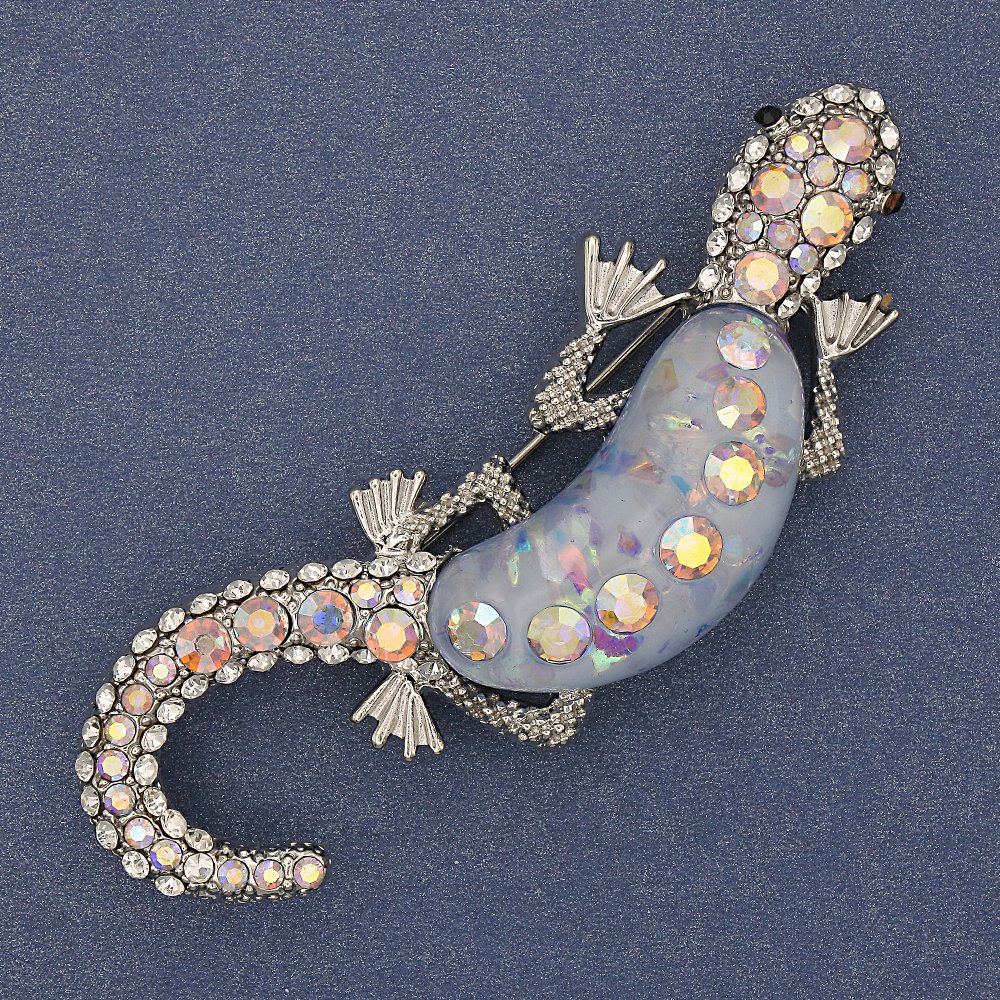 Brooch 'Lizard' light-blue aquamarine effect, white and pink crystals, silvery metal 24×71 mm
