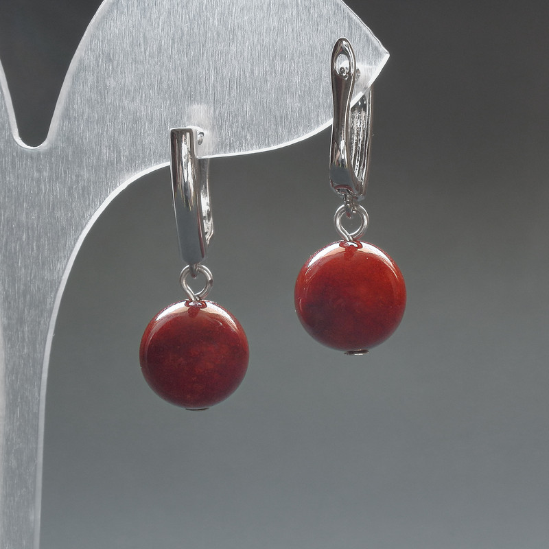 Earrings with Red Jasper (synthetic acrylic) Smooth Bead, 12 mm Diameter, English Clasp, 33 mm Length