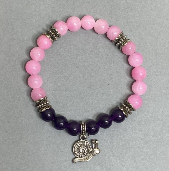 Sugilite, Natural Stone and Pink Quartz Bracelet (artificial acrylic) with Smooth Beads, 8mm Diameter, 18 cm Length ± (Stretch) with Inserts