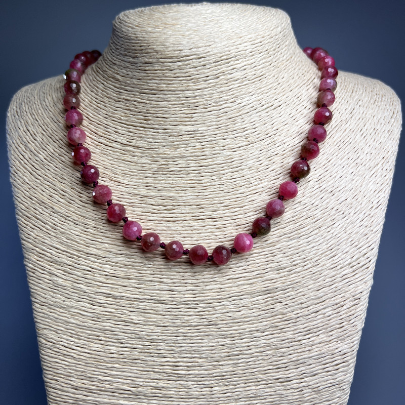 Polychromatic Tourmaline Necklace, Faceted Beads, 8 mm Diameter, 49 cm Length